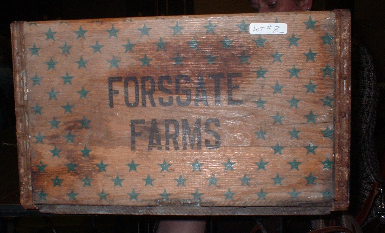 A Wooden Forsgate Farms Milk Crate